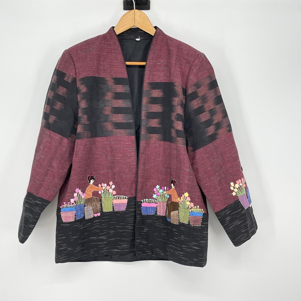 Vintage Embroidered Asian Art Jacket Size L‎ Black Red Coat Handmade Art to Wear